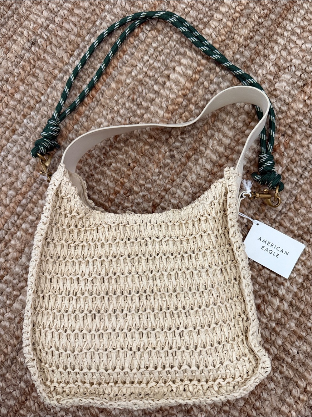 American Eagle Outfitters Cream Woven Shoulder Bag with Green Rope Strap